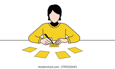 Pessoa sem rosto escrevendo notas sobre cartões adesivos ilustração vetor mínima plana