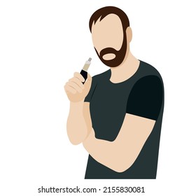 Gesichtsloses Porträt eines bärtigen Mannes mit einer elektronischen Zigarette in der Hand, einer flachen Vektorgrafik auf weißem Hintergrund, einer gesichtslosen Illustration