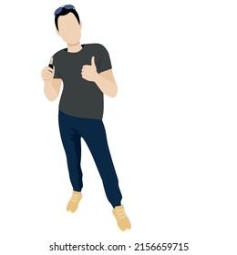Retrato sin rostro de un hombre barbudo en pleno crecimiento con un cigarrillo electrónico en la mano, un vector plano sobre un fondo blanco, una ilustración sin rostro