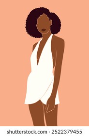 Retrato sin rostro de una mujer africana negra con un vestido blanco, retrato romántico de la muchacha de la moda del verano, Ilustración vectorial aislada de la mujer del color, arte abstracto de moda del boho