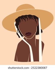 faceless portrait of a black african woman in a hat, romantic summer fashion girl portrait, isolated vector illustration of woman of color, cottagecore poster, trendy abstract boho art