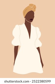 faceless portrait of a black african woman in a headscarf, romantic summer fashion girl portrait, isolated vector illustration of woman of color, cottagecore poster, trendy abstract boho art