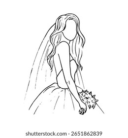 retrato sem rosto de noiva com cabelo ondulado longo com véu e buquê na mão - arte desenhada à mão