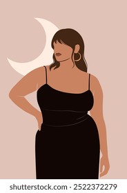 Retrato sin rostro de mujer curvilínea marrón de talla grande en un vestido negro, moda de positividad corporal, concepto de noche, dama en ropa de dormir cómoda, mujer de color en ropa de salón, Ilustración vectorial aislada