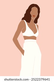 faceless portrait of a brown woman in white vacation outfit, beautiful romantic summer girl portrait, isolated vector illustration, fashion poster, trendy abstract boho art