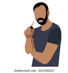 Faceless portrait of a indian bearded man with an electronic cigarette in his hand, a flat vector on a white background, a faceless illustration