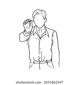 retrato sem rosto de um homem em uma camisa levantando a mão com giz para escrever ao nível dos olhos - arte desenhada à mão