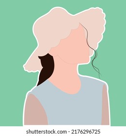 Gesichtsloses Porträt. Minimalismus. Schönes dunkelhaariges Mädchen in einem hellen Hut und blauem Kleid. Zeichnung mit weißem Hub