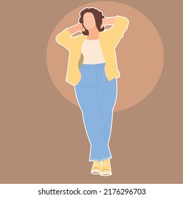 Faceless portrait. Minimalism. Girl with short curly hair in a yellow jacket and jeans. Drawing with white stroke