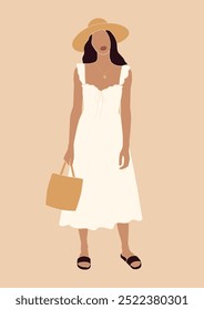 Retrato sin rostro de una mujer con un vestido blanco y un sombrero, hermoso retrato romántico de la muchacha del verano, Ilustración vectorial aislada, arte boho abstracto de moda, vacaciones