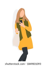 Faceless portrait of a young blond girl in a yellow raincoat and a green scarf holding a shopping bag isolated on white background