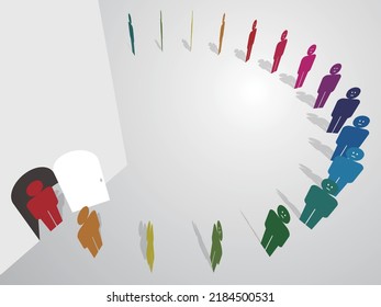 Faceless procession entering a dark room Vector illustration