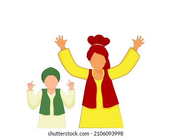 Faceless Punjabi Young Boys Doing Bhangra On White Background.