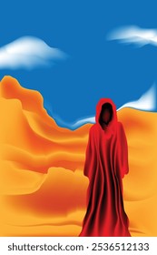 A faceless red-hooded figure stands in a desert landscape in a surreal illustration.