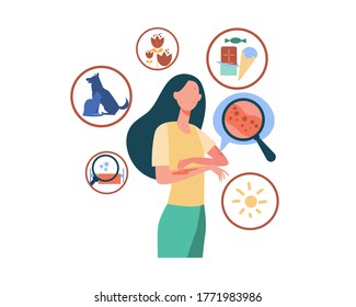 Faceless sad woman suffering from allergy isolated flat vector illustration. Cartoon female character scratching skin with strong eczema. Disease and itching concept