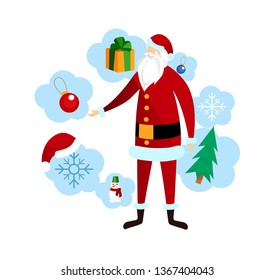 Faceless Santa Claus Character in Red Costume and Hat Standing on White Background with Festive Attributes Around. Christmas, New Year Season Greeting Card Element. Cartoon Flat Vector Illustration.