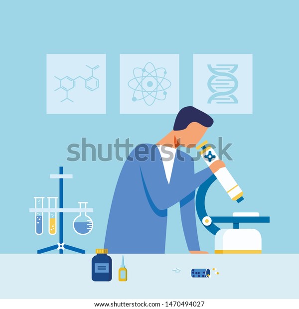 医薬品サンプルを顕微鏡で調べる顔のない科学者 Cartoon Scientific Laboratoryで働く研究者 チューブと機器 試薬 三脚 ベクターフラットイラスト のベクター画像素材 ロイヤリティフリー