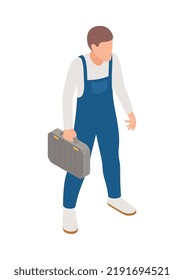 Servicio sin rostro en uniforme con kit de herramientas Ilustración vectorial isométrica 3d