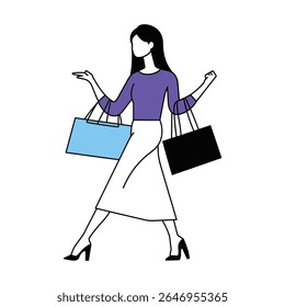 A faceless slender woman with long black hair is walking with elegance. She wears a violet blouse, white skirt, and black heels while holding a light blue and black shopping bag.