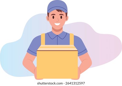 Faceless smiling delivery man holding a box with both hands. Flat vector character illustration, perfect for logistic, shipping, and courier themes.
