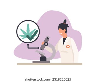 Niña sin rostro sonriente mirando a través del microscopio la marihuana medicinal. Apoyando la legalidad del cannabis. Cultivo de marihuana. Mundo socialmente progresista. Vector