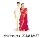 Faceless South Indian Wedding Couple Character Standing in Saree and Veshti According to Their Culture.