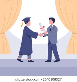 Faceless student and teacher shaking hands on stage during graduation. Clean white background, flat vector, soft colors, animation-ready.