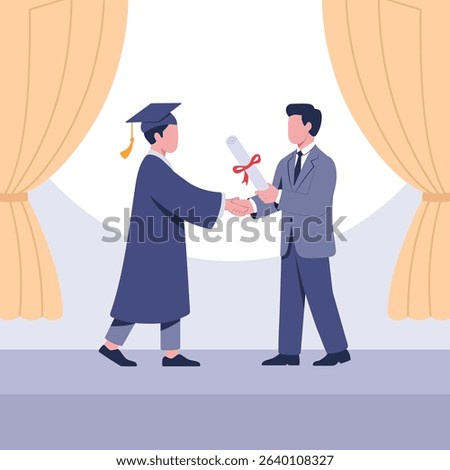 Faceless student and teacher shaking hands on stage during graduation. Clean white background, flat vector, soft colors, animation-ready.
