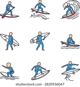Faceless Surfer Vector Set with Various Water Sport Poses and Surfboard Activities in Blue Wetsuits.