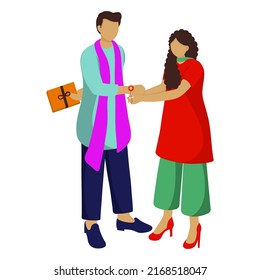 Faceless Teenage Girl Tying Rakhi To Her Brother With Gift Box On White Background.