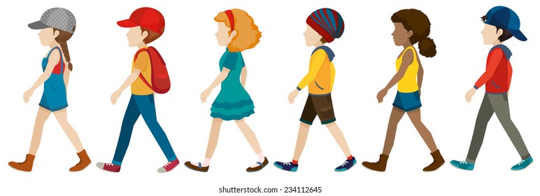 Faceless teenagers walking on a white background 