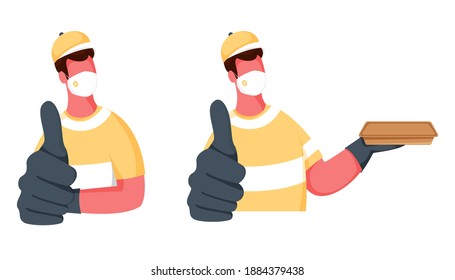 Faceless Two Men wear Medical Mask, Gloves with Showing Thumbs Up and Parcel on White Background.