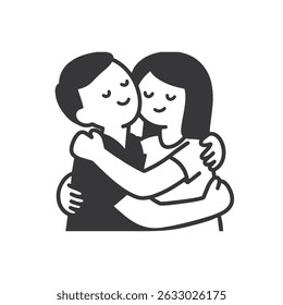 Faceless Two People Hugging – Bold Outline Emotional Moment Clipart on White Background