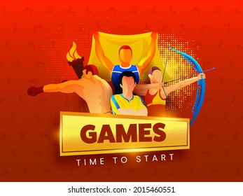 Faceless Various Athletics With Flaming Torch On Red Halftone Background For Games Time To Start Concept.