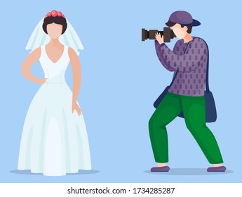 Faceless vector cartoon characters in flat style isolated at blue background. Photographer or cameraman making photo of model wearing white wedding dress, decorate with wreath roses and veil