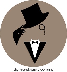 faceless vintage gentleman in tuxedo and hat with monocle 