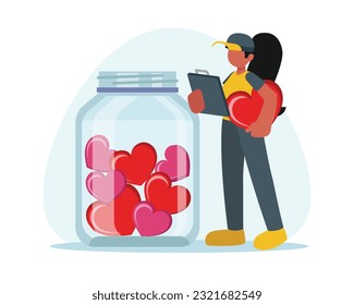 Faceless volunteer girl fills charity jar with hearts. Social active youth and charity. Helping others. Humanitarian aid organization. Vector flat style illustration