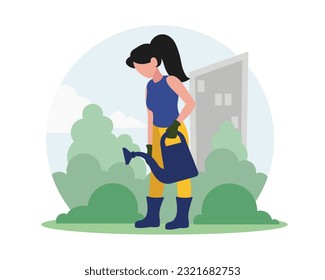 Faceless volunteer girl watering ground from watering can. People taking care of environment. Social charity activities to save planet. Vector flat style illustration