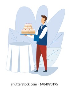 Faceless Waiter Serve Party Table. Man Holding Tray with Glazed and Cherry Decorated Wedding or Birthday Festive Cake. Flat Cartoon Cafe and Restaurant Staff at Work. Vector Flat Illustration