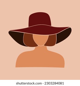 Mujer blanca sin rostro con sombrero. Ilustración vectorial plana. EPS 10