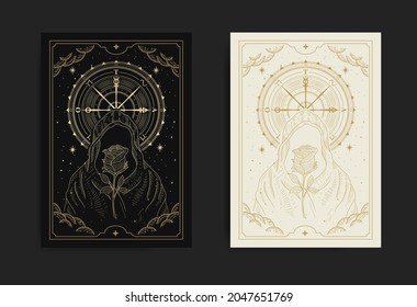 Faceless wizard or sorcerer with rose flower and wheel of fortune in golden engraving, hand drawn, line art, luxury, celestial, esoteric, boho style