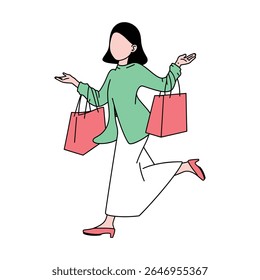 Mulher sem rosto com cabelo preto vestindo uma blusa verde e saia branca corre energeticamente, segurando duas sacolas de compras cor-de-rosa para os lados. Ela parece feliz e despreocupada.