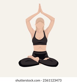 Faceless woman with blond hair and black clothes, doing yoga lotus pose. Flat vector illustration	