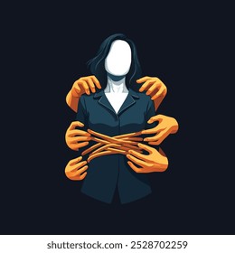 A faceless woman in a dark top surrounded by multiple orange hands, symbolizing emotional entanglement, control, or pressure. This abstract vector evokes themes of manipulation, identity, and inner