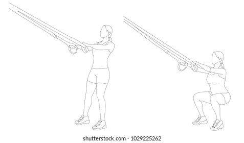 Faceless woman doing squat trx exercise isolated on white. Vector linear illustration.