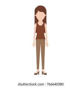 faceless woman full body with t-shirt sleeveless and pants and heel shoes with long straight hair in colorful silhouette