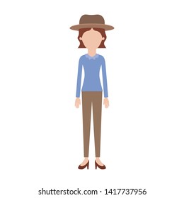 faceless woman with hat and blouse long sleeve and pants and heel shoes with short wavy hair in colorful silhouette