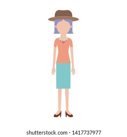 faceless woman with hat and blouse and skirt and heel shoes with short straight hair in colorful silhouette