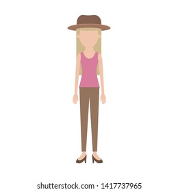 faceless woman with hat and blouse sleeveless and pants and heel shoes with long straight hair in colorful silhouette