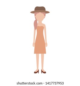 faceless woman with hat and strapless dress and heel shoes with pigtail hairstyle in colorful silhouette